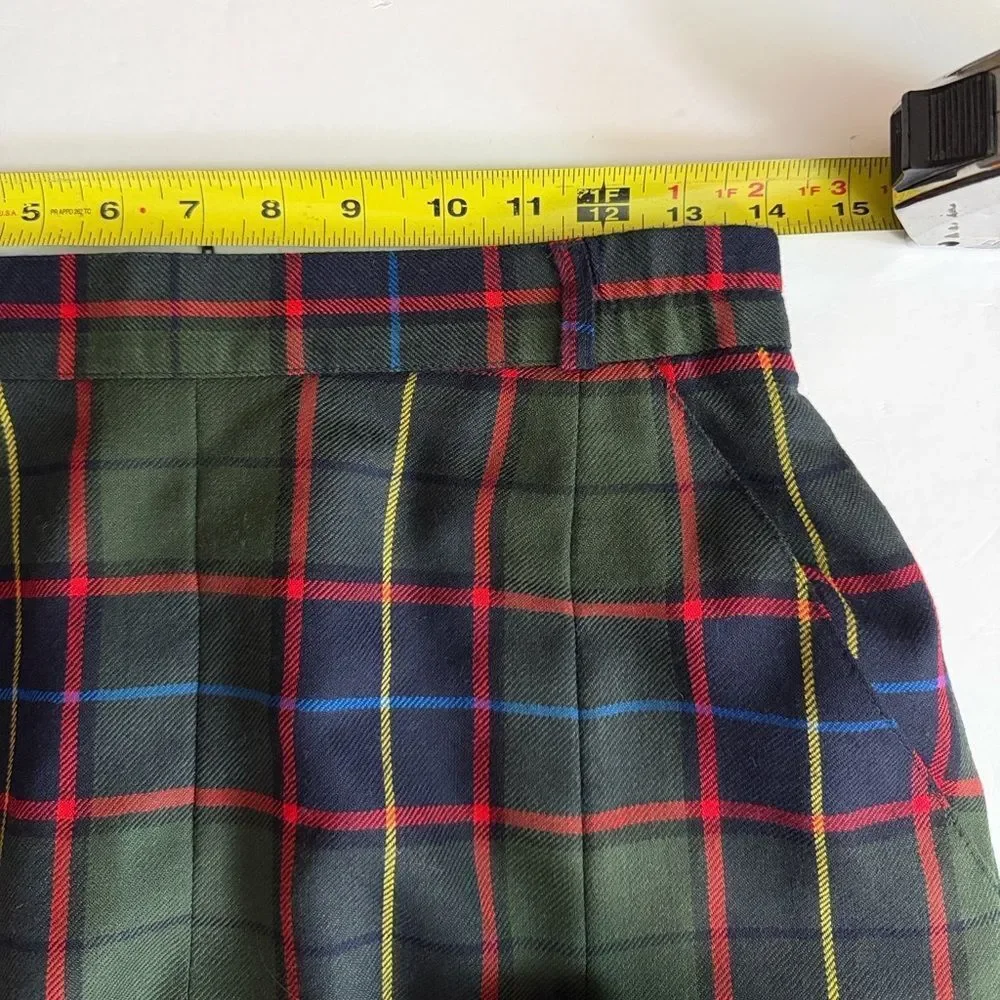 Vintage Midi Tartan Pleated Skirt Green Wool Pockets BIANCA Germany 36 US 6